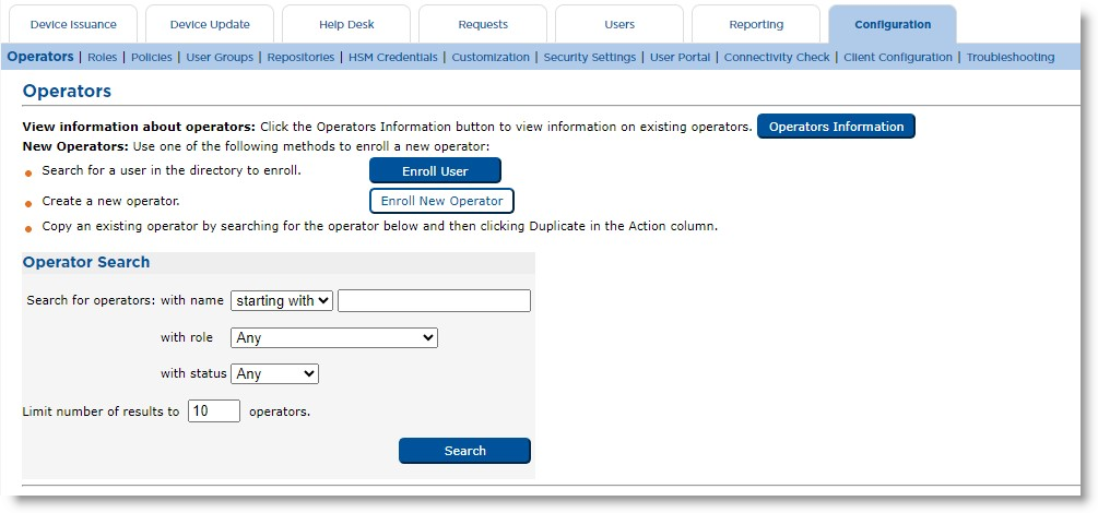 Configuration tab of CMS Operator portal displaying the Operators section with an Operators Information button, an Enroll User button, and Enroll New Operator button, as well as an Operator Search section with various fields to be completed
